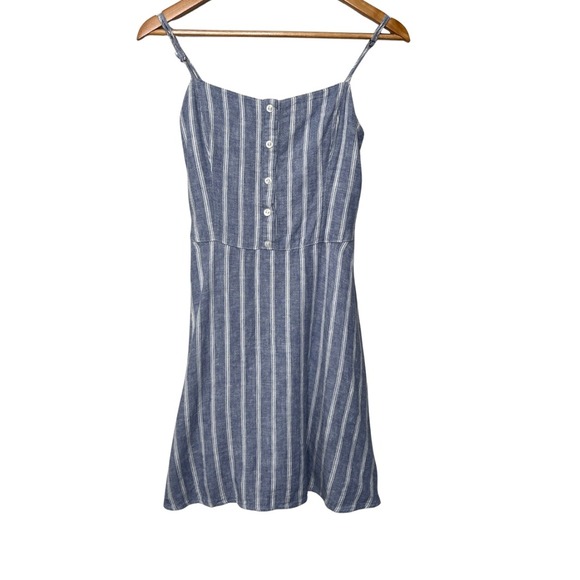 Hollister Blue White Stripe Button Front Linen Smocked Back Mini Dress Women's M - Picture 2 of 16